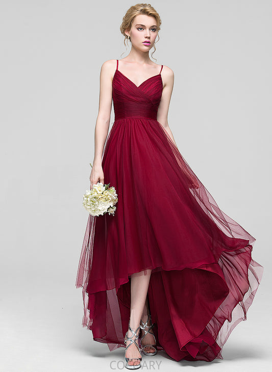 Ruffle Asymmetrical Length Fabric Silhouette V-neck A-Line Neckline Embellishment Yareli V-Neck Natural Waist Bridesmaid Dresses