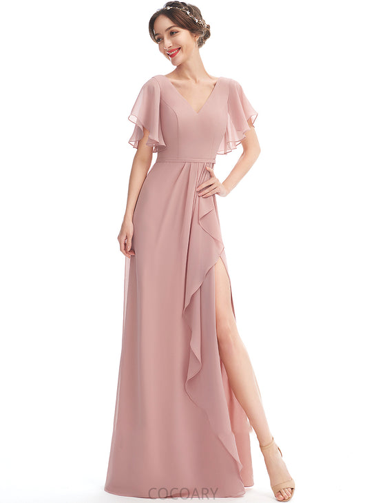 Embellishment Neckline V-neck SplitFront Floor-Length Ruffle Fabric Length Silhouette A-Line Audrey A-Line/Princess Bridesmaid Dresses