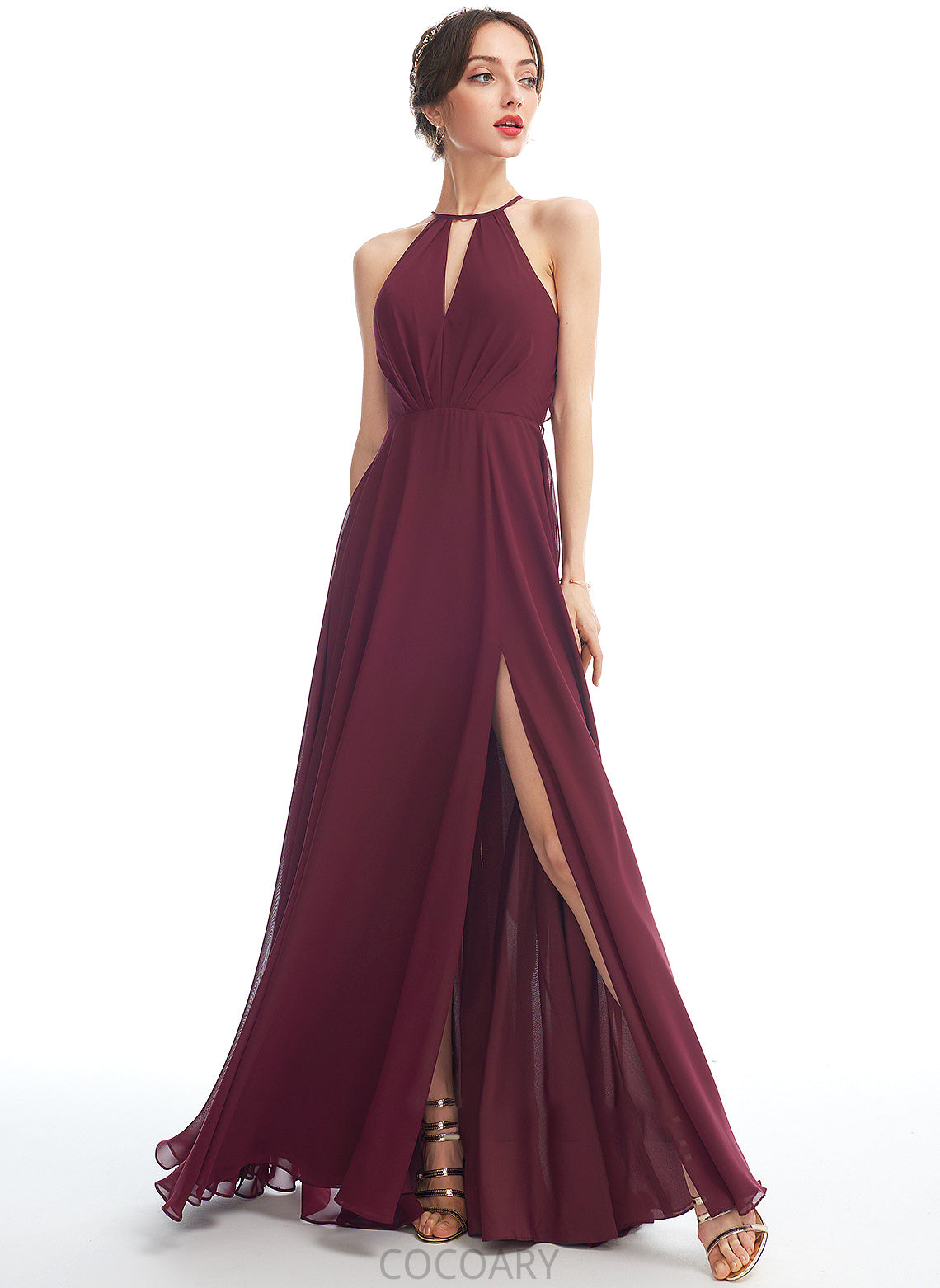 SplitFront Length Silhouette Embellishment Neckline Halter Fabric Floor-Length A-Line Janae Floor Length Sleeveless Bridesmaid Dresses