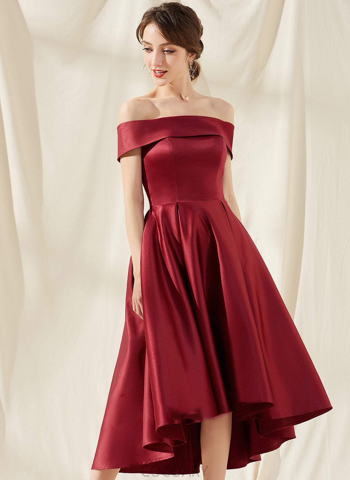 Fabric Neckline Embellishment Off-the-Shoulder Silhouette Pockets Length Asymmetrical A-Line Elisabeth Sleeveless Straps Bridesmaid Dresses