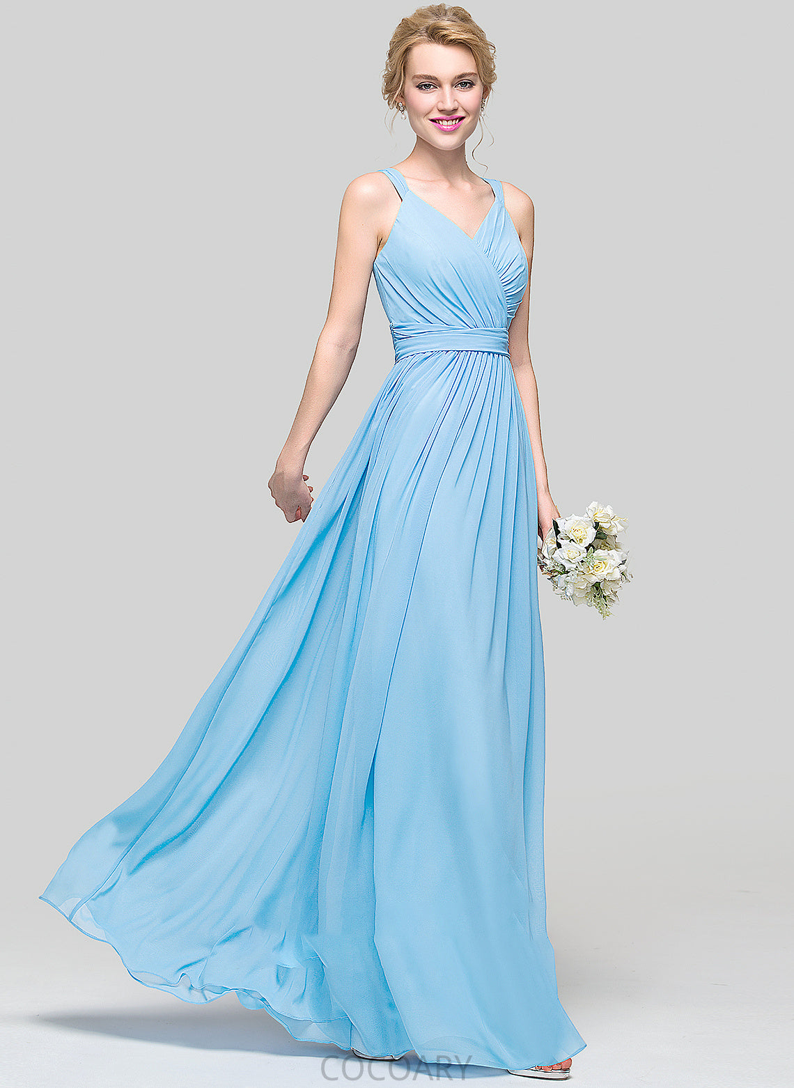 Floor-Length V-neck Fabric Silhouette Length Bow(s) Neckline Ruffle Embellishment A-Line Danica Sleeveless Bridesmaid Dresses