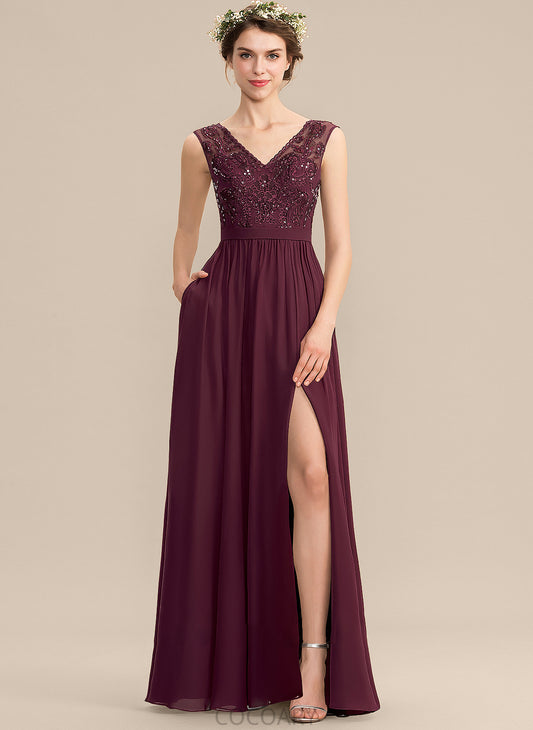 Embellishment Pockets Floor-Length A-Line Fabric V-neck Neckline Beading Sequins Silhouette Length SplitFront Bridesmaid Dresses