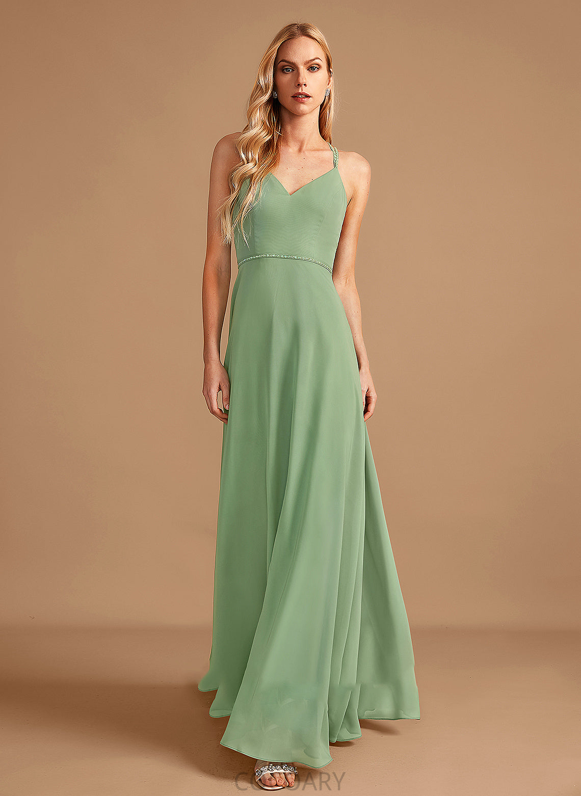 Embellishment V-neck Floor-Length Silhouette Neckline Fabric Beading A-Line Length Sequins Nina Sleeveless Bridesmaid Dresses