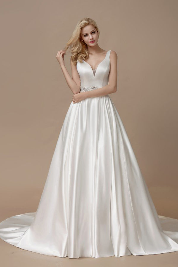 A Line Court Train V Neck Sleeveless Sheer Back Wedding Gown