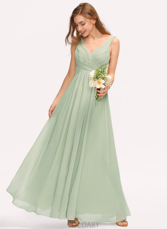 Floor-Length Length A-Line SplitFront V-neck Neckline Ruffle Silhouette Embellishment Fabric Thea Sleeveless Bridesmaid Dresses