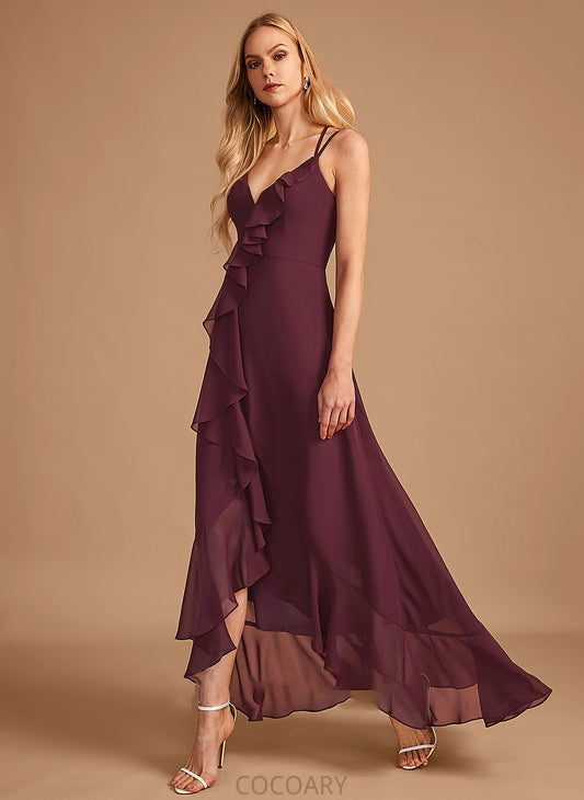 SplitFront Silhouette A-Line Asymmetrical Length Fabric Embellishment Ruffle Neckline V-neck Ashlee Natural Waist Bridesmaid Dresses