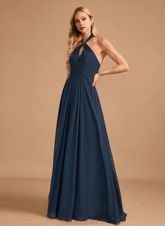 A-Line Fabric Floor-Length Neckline Embellishment Ruffle Halter Silhouette Length Ximena Sleeveless A-Line/Princess Bridesmaid Dresses