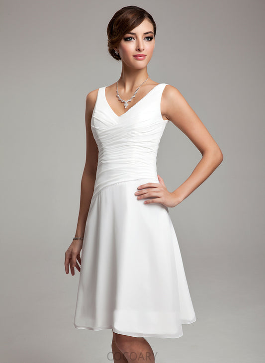 Knee-Length Beading Length Sequins Silhouette Fabric V-neck A-Line Ruffle Embellishment Neckline June Bridesmaid Dresses