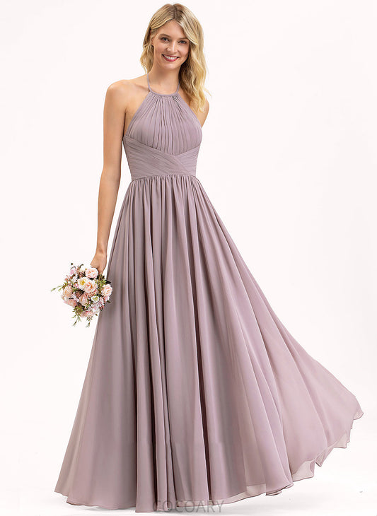 Bow(s) Length Silhouette Fabric Ruffle Floor-Length Embellishment Halter Neckline Empire Amya Natural Waist Bridesmaid Dresses