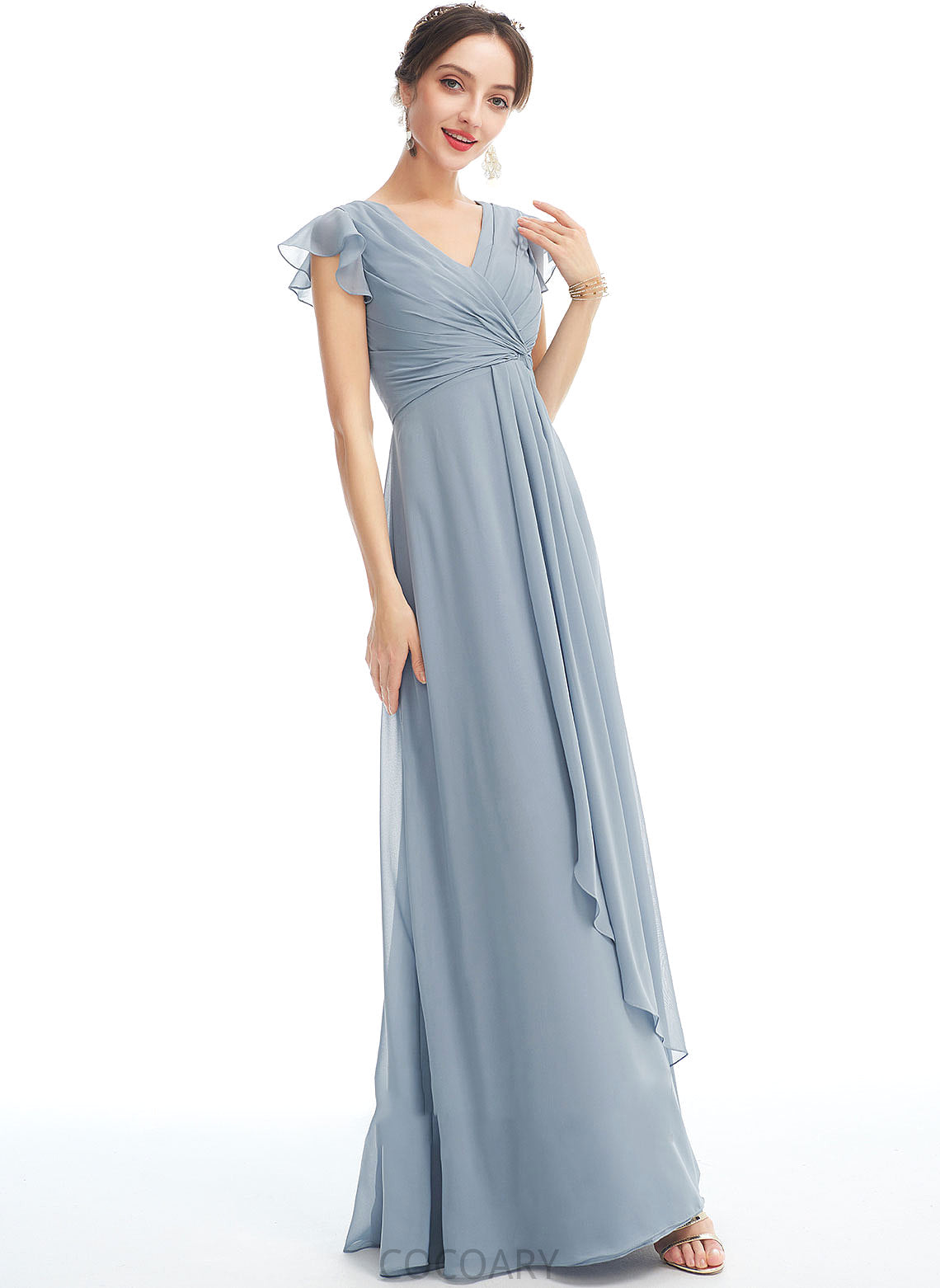 SplitFront Neckline Ruffle Fabric Floor-Length Silhouette V-neck A-Line Length Embellishment Iris Knee Length Bridesmaid Dresses