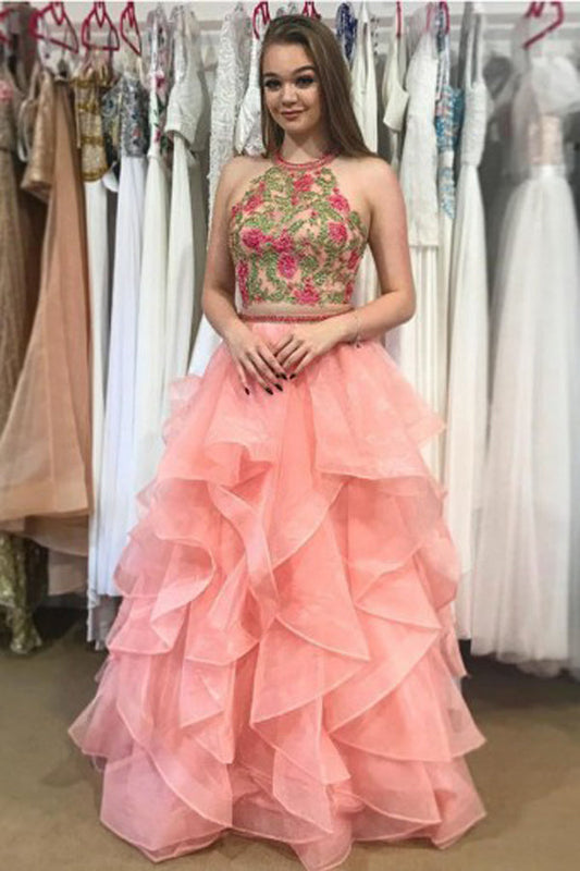 Watermelon Two Piece A Line Floor Length Strapless Sleeveless Ruffles Prom Dresses