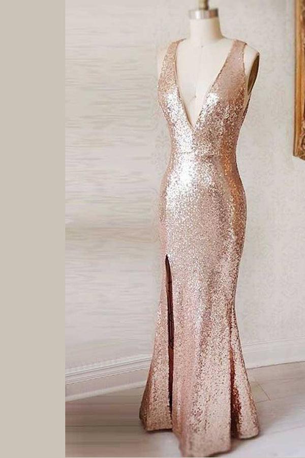 Pretty Sheath Floor Length Deep V Neck Sleeveless Open Back Sparkly Prom Dresses