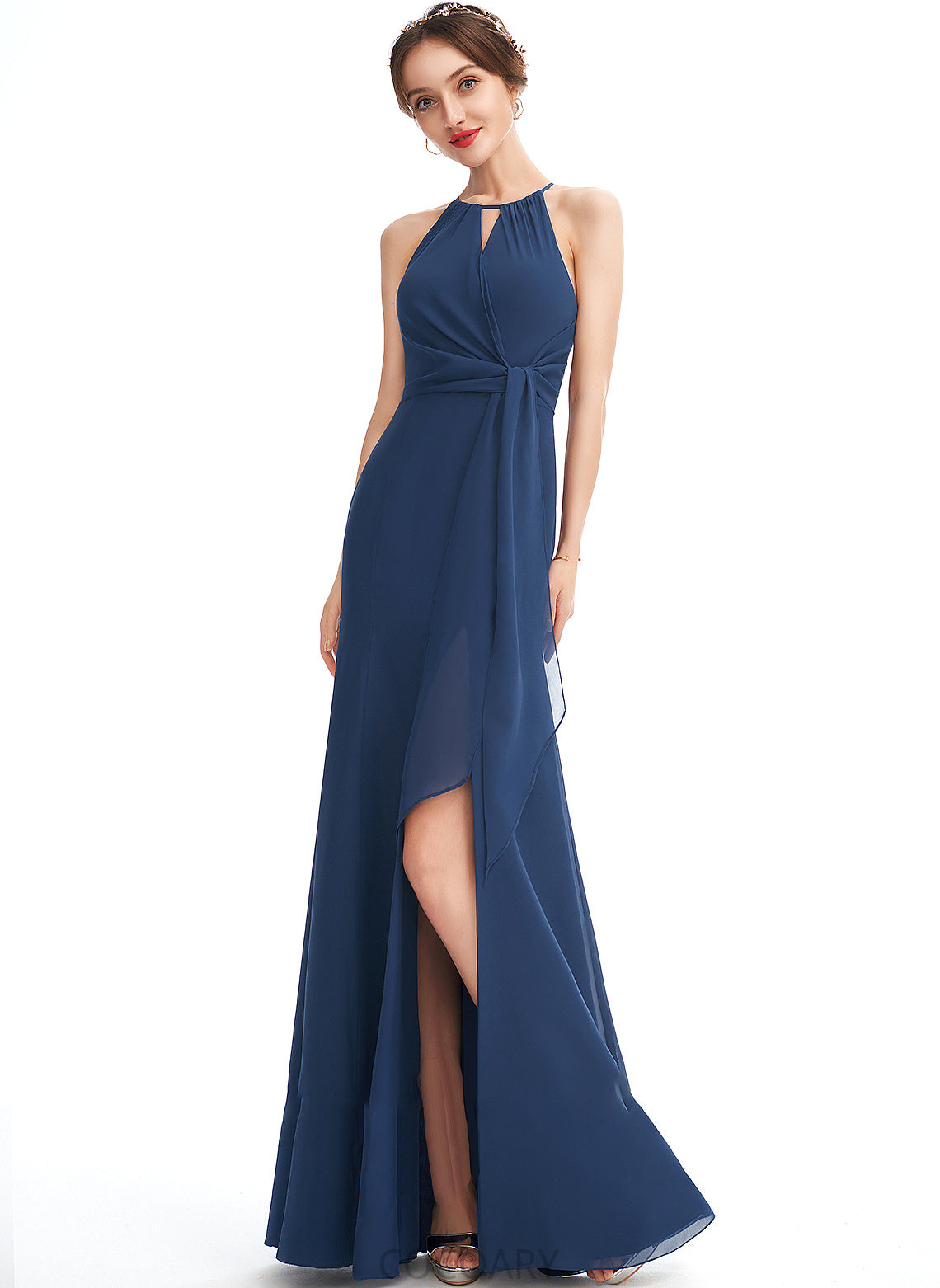 Silhouette Floor-Length Fabric Halter SplitFront Length Embellishment Neckline Ruffle A-Line Parker Sleeveless Bridesmaid Dresses