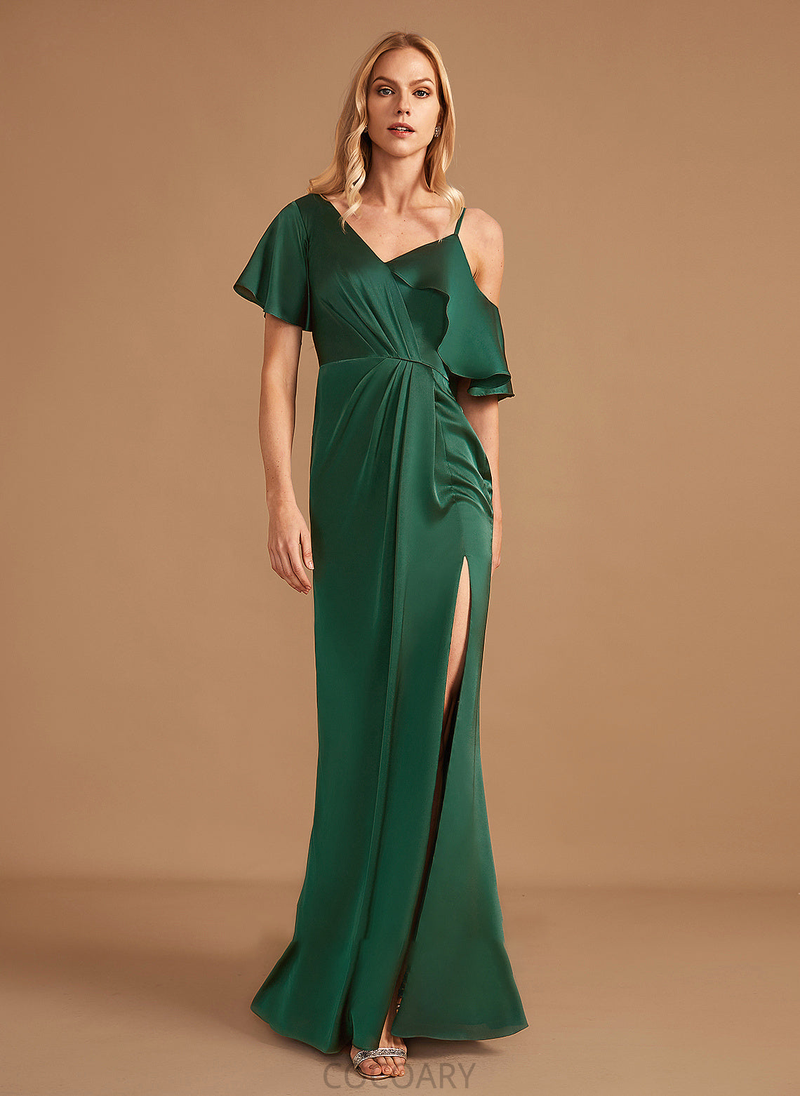 Silhouette SplitFront Embellishment Sheath/Column Fabric Neckline V-neck Floor-Length Length Hanna Spaghetti Staps Natural Waist Bridesmaid Dresses