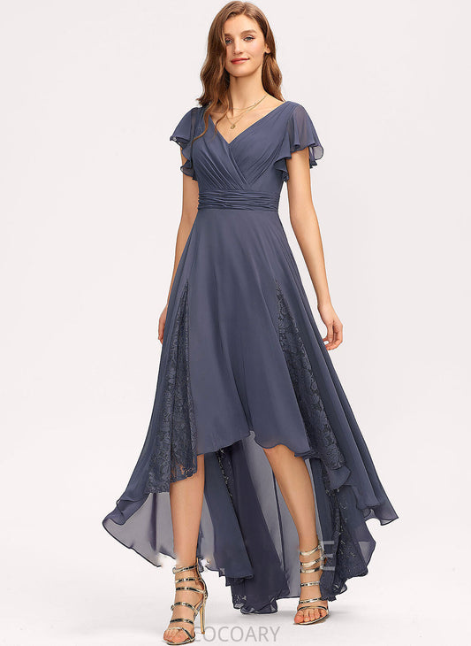 V-neck Asymmetrical Lace Ruffle Neckline A-Line Fabric Silhouette Embellishment Length Elaina Halter Bridesmaid Dresses