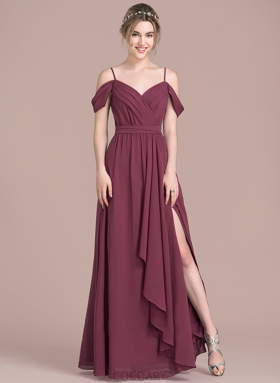 Silhouette A-Line Length Embellishment V-neck Bow(s) CascadingRuffles Fabric Neckline SplitFront Floor-Length Louise Bridesmaid Dresses