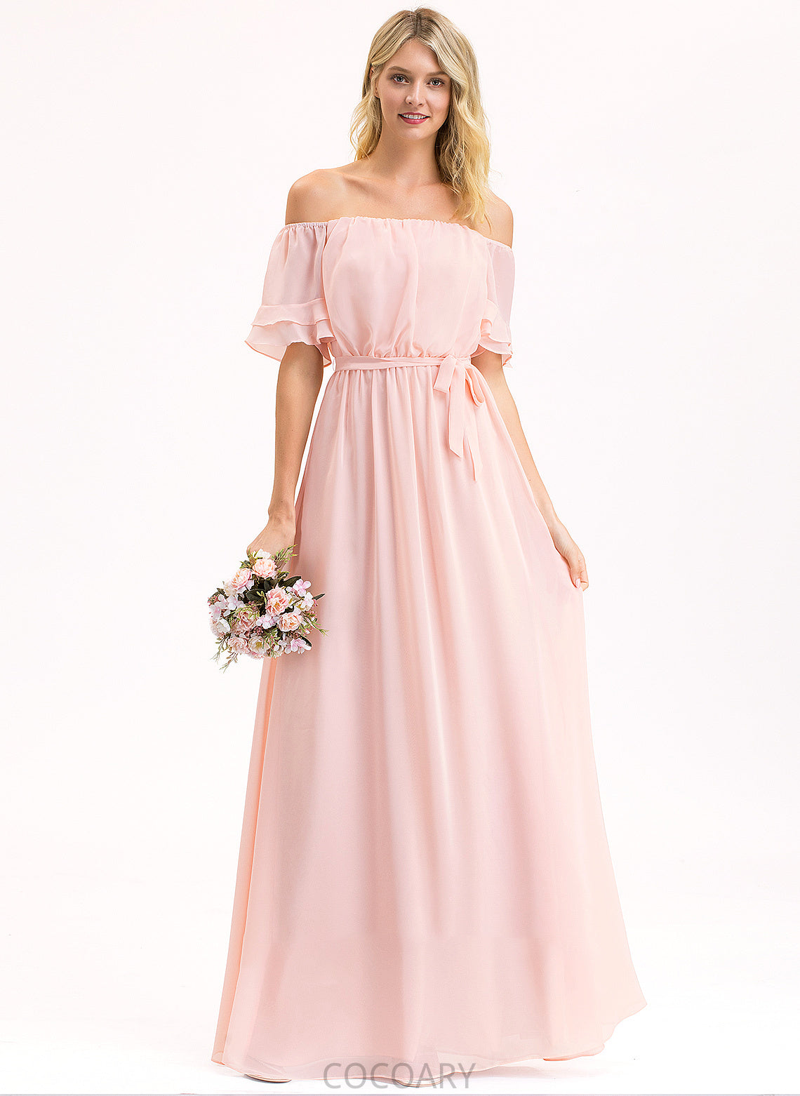 Length Embellishment Off-the-Shoulder Bow(s) Silhouette Fabric Neckline CascadingRuffles A-Line Floor-Length Ryann Short Sleeves Bridesmaid Dresses