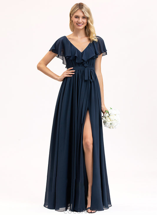 Bow(s) Silhouette A-Line V-neck CascadingRuffles SplitFront Neckline Fabric Floor-Length Length Embellishment Vivien Bridesmaid Dresses