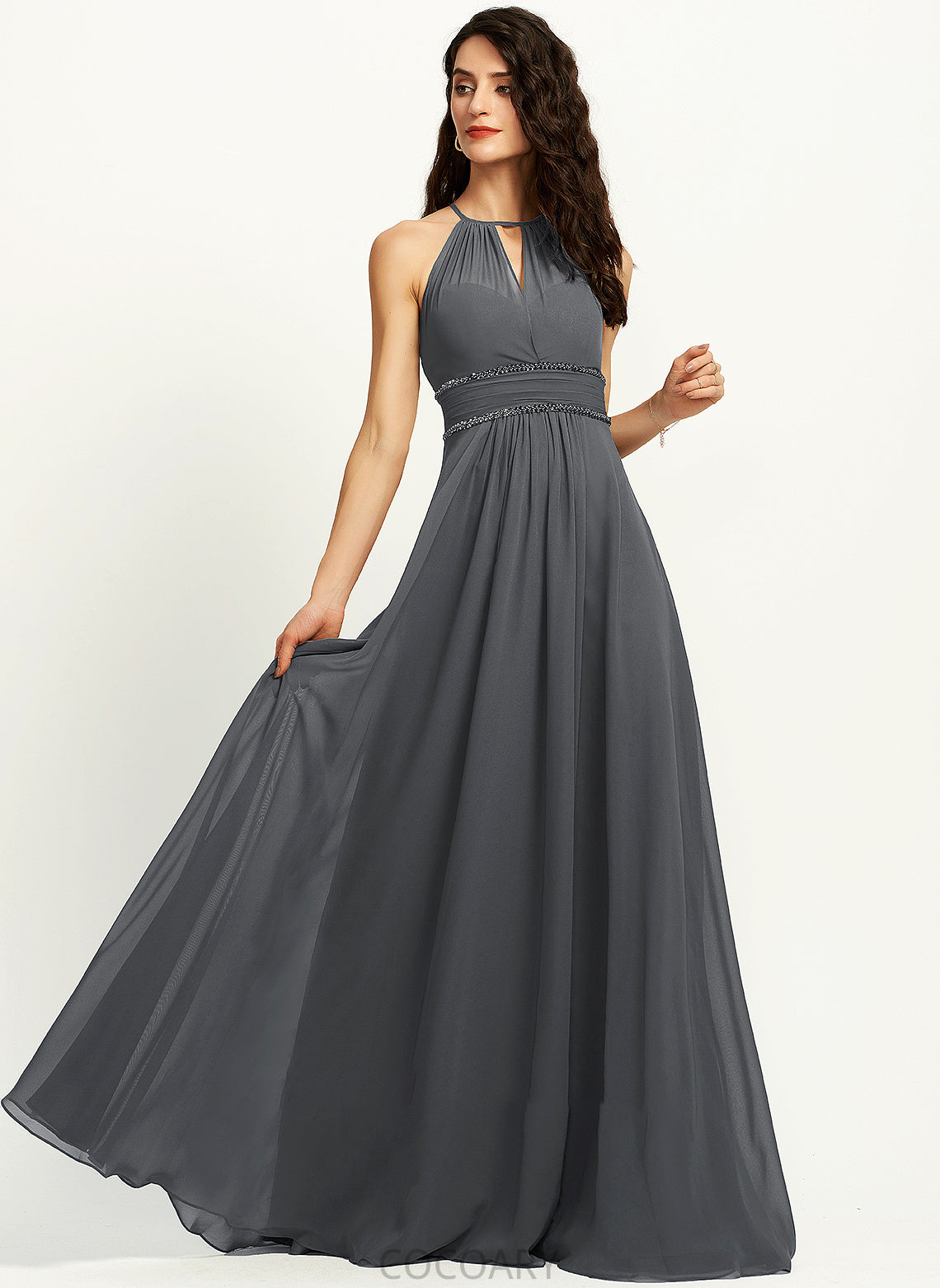 Silhouette Beading Ruffle Neckline Sequins A-Line Halter Length Fabric Embellishment Floor-Length Nita Bridesmaid Dresses