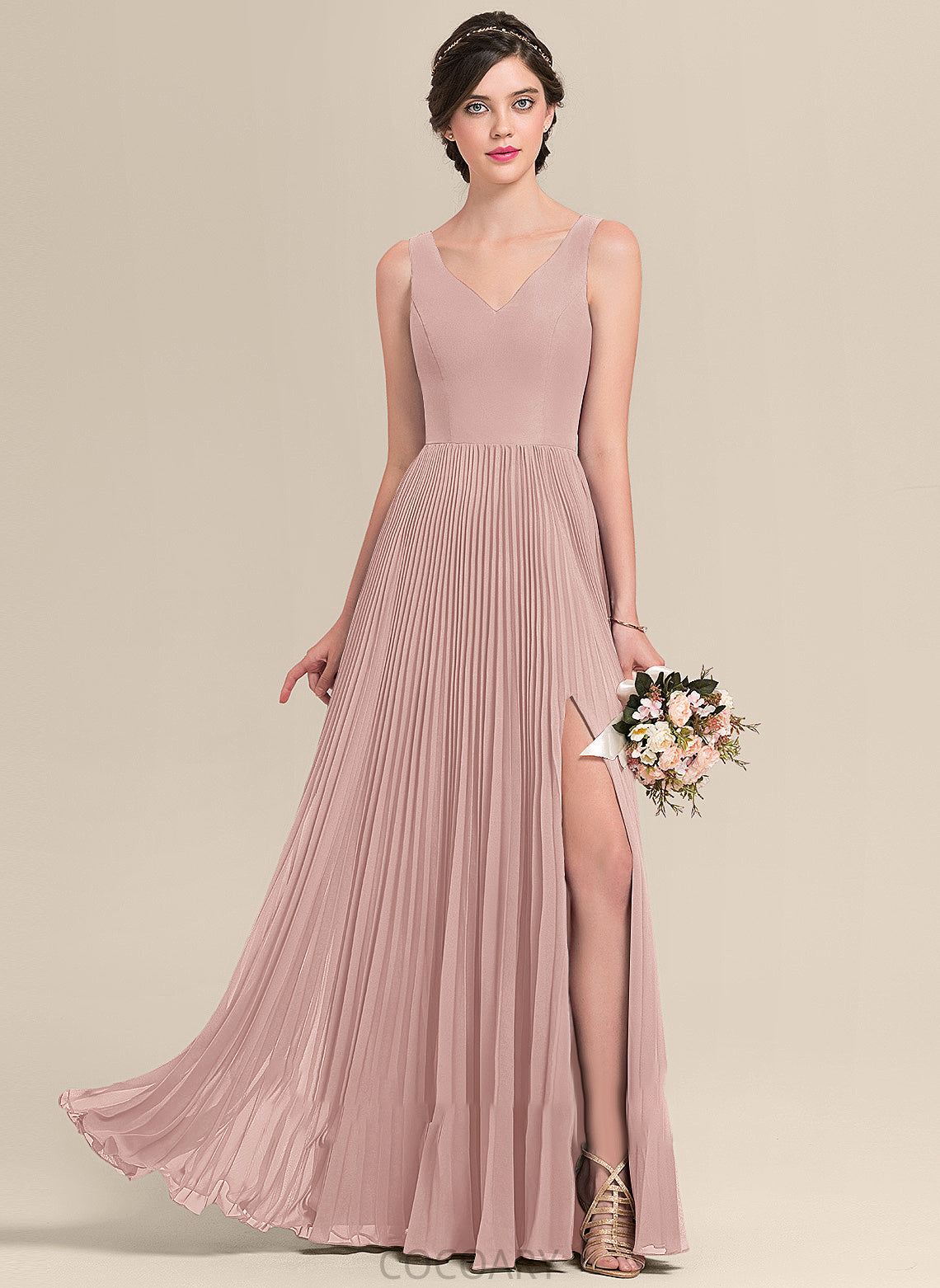 Neckline SplitFront Embellishment Length V-neck Pleated Silhouette Fabric A-Line Floor-Length Julia Spaghetti Staps Bridesmaid Dresses