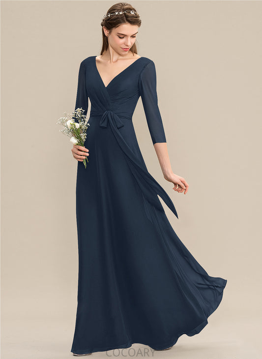 Fabric Silhouette Embellishment V-neck Neckline Ruffle A-Line Length Bow(s) Floor-Length Genevieve A-Line/Princess Bridesmaid Dresses