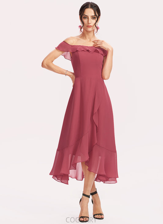 Neckline Silhouette Tea-Length Fabric Length Off-the-Shoulder Embellishment A-Line CascadingRuffles Daniela A-Line/Princess Natural Waist Bridesmaid Dresses