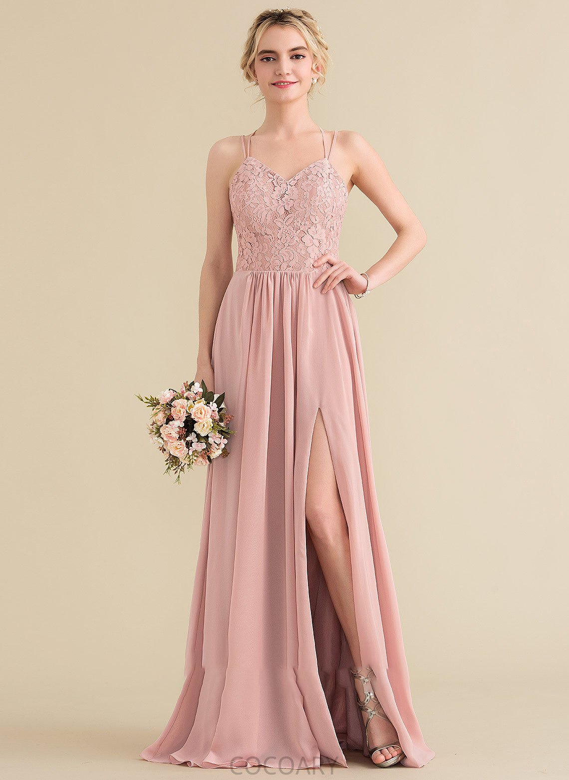 Floor-Length Fabric Neckline Sweetheart Embellishment A-Line SplitFront Length Silhouette Jane Sleeveless V-Neck Bridesmaid Dresses