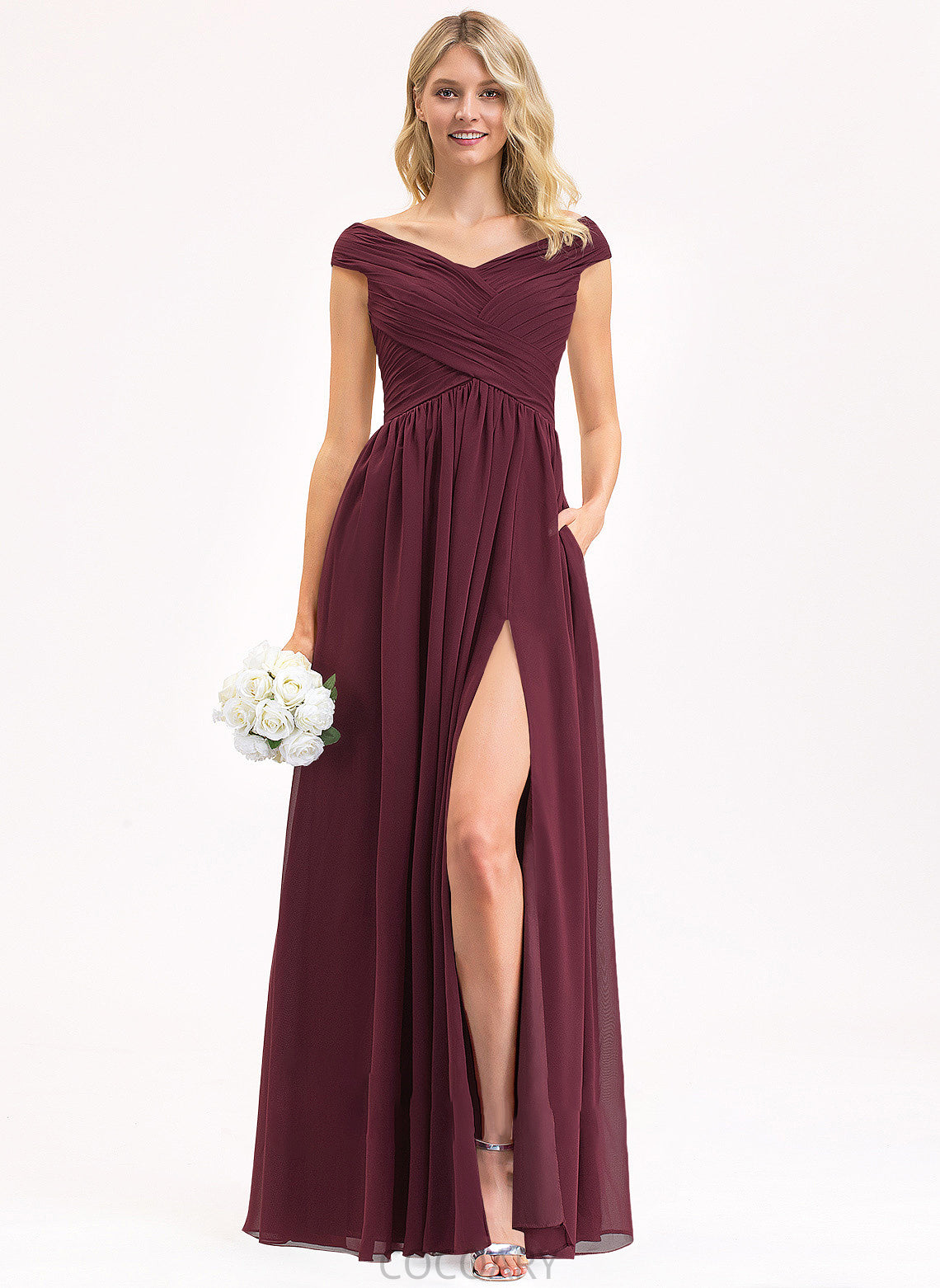 Floor-Length Silhouette Pockets A-Line Ruffle SplitFront Fabric Embellishment Off-the-Shoulder Length Neckline Liz Bridesmaid Dresses