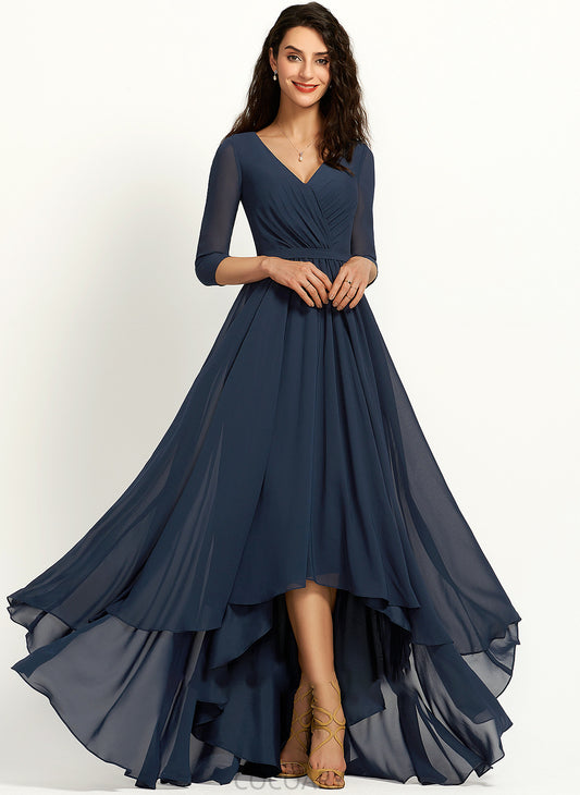 Fabric Embellishment V-neck Silhouette Length Pleated Neckline A-Line Asymmetrical Brielle Straps Floor Length Bridesmaid Dresses