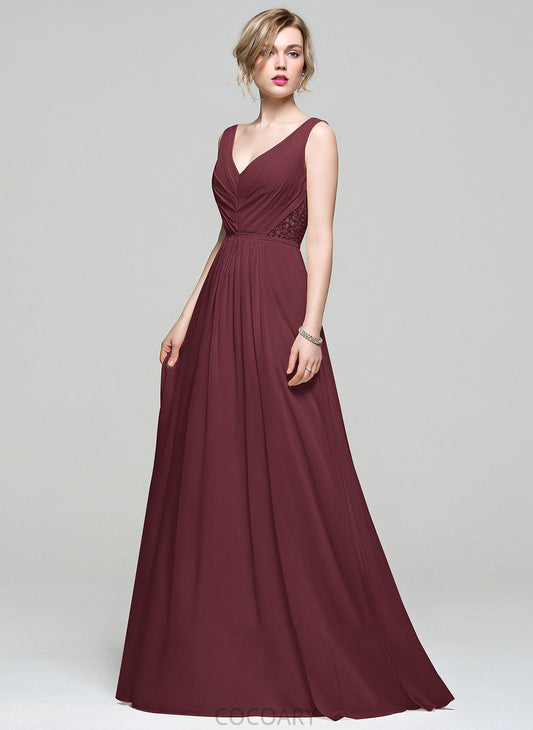 Fabric Floor-Length A-Line Embellishment Beading V-neck Lace Length Neckline Silhouette Sequins Ruffle Bridesmaid Dresses