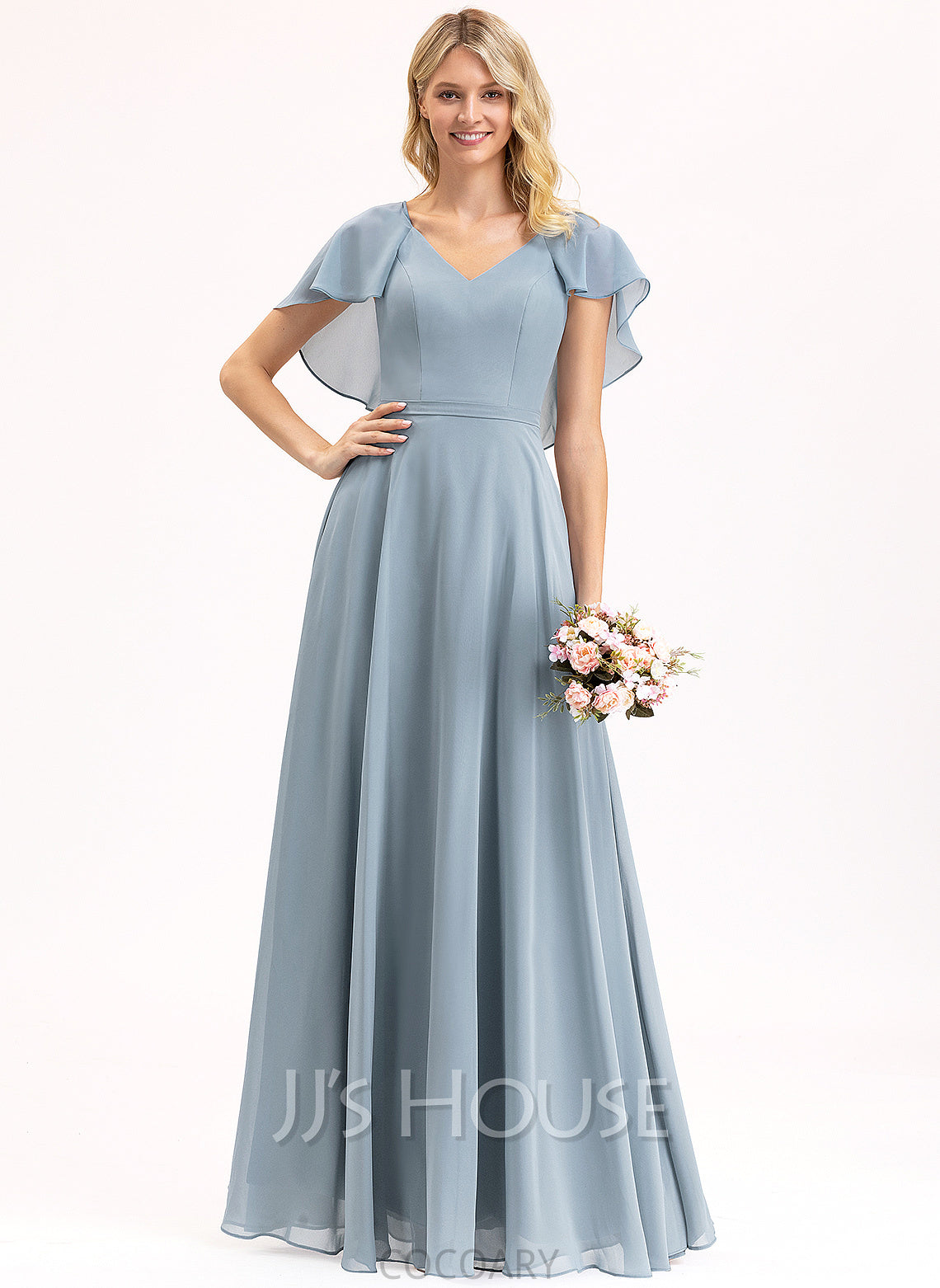 V-neck A-Line Silhouette Embellishment Length Floor-Length CascadingRuffles Neckline Fabric Elisa Sleeveless A-Line/Princess Bridesmaid Dresses