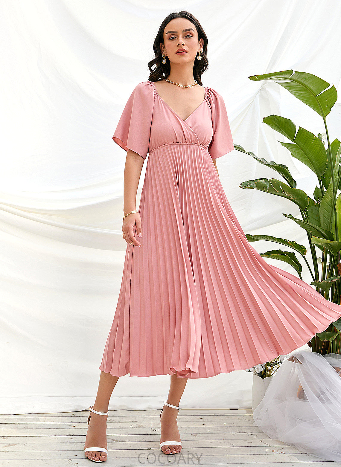 Neckline V-neck Length Embellishment Pleated Fabric Silhouette Tea-Length A-Line Jane A-Line/Princess Natural Waist Bridesmaid Dresses