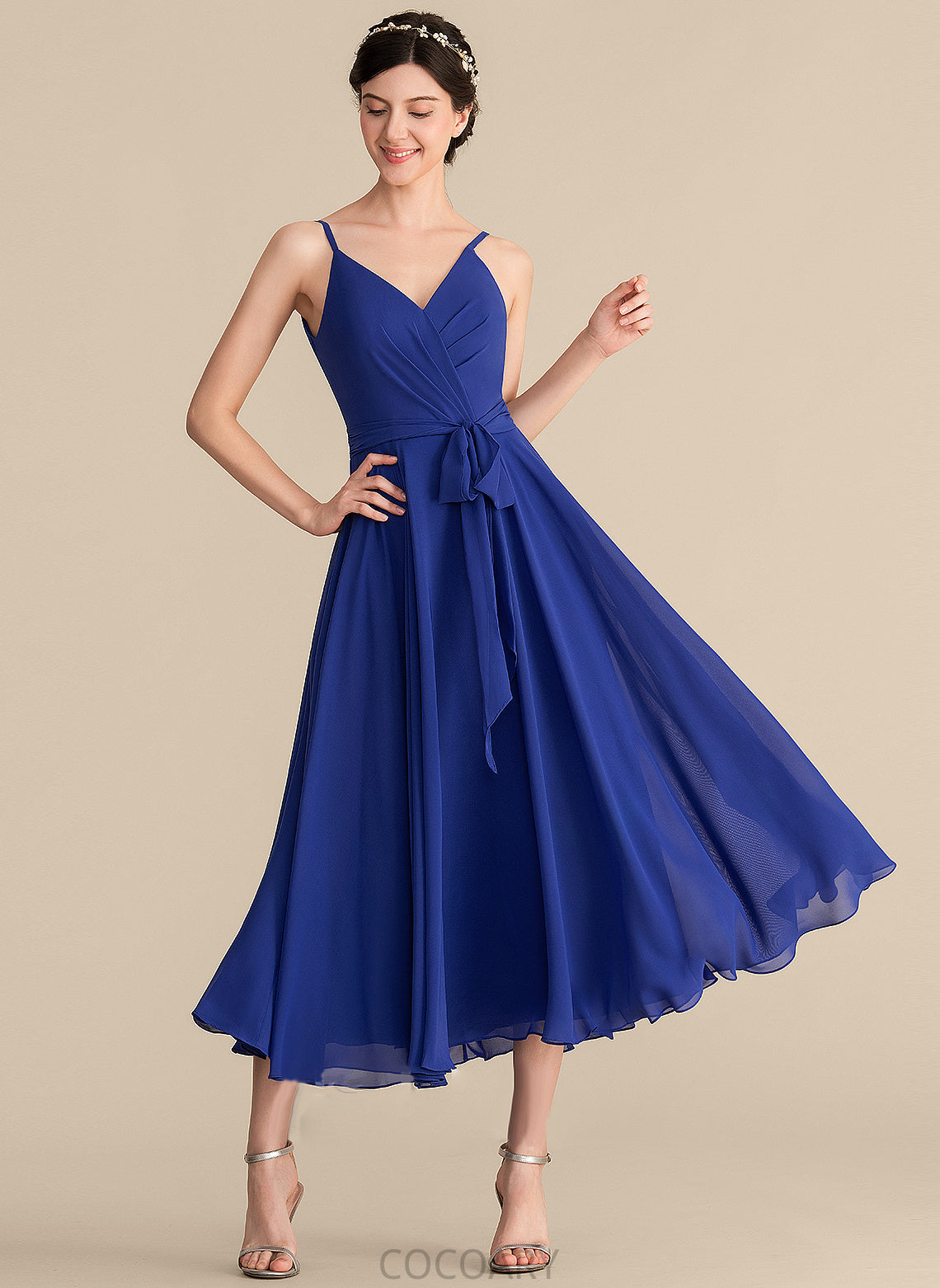 Ruffle A-Line V-neck Fabric Bow(s) Embellishment Silhouette Length Tea-Length Neckline Naima Floor Length Bridesmaid Dresses