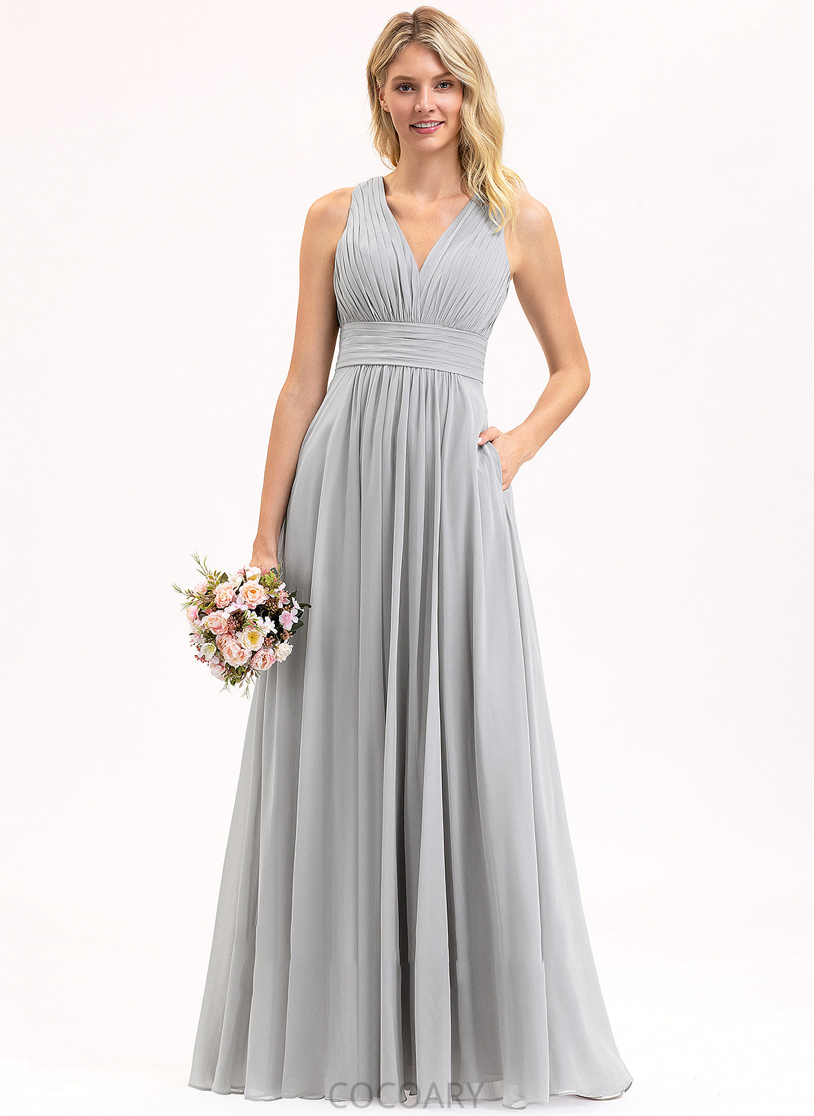 A-Line Pockets Floor-Length Bow(s) V-neck Length Fabric Ruffle Embellishment Silhouette Neckline Elaine Bridesmaid Dresses