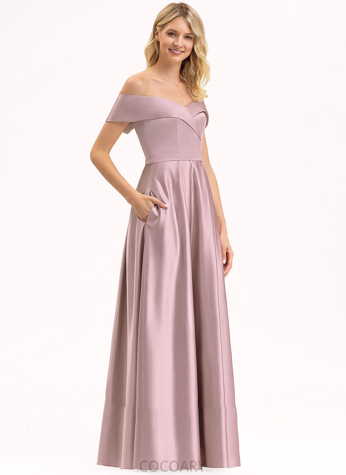 Embellishment Pockets Fabric Neckline Off-the-Shoulder Length A-Line Floor-Length Silhouette Poll Sheath/Column Sleeveless Bridesmaid Dresses