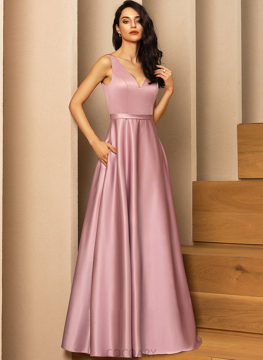 V-neck Satin Pockets Embellishment Straps Length Neckline Floor-Length Fabric Evelin V-Neck Natural Waist Bridesmaid Dresses