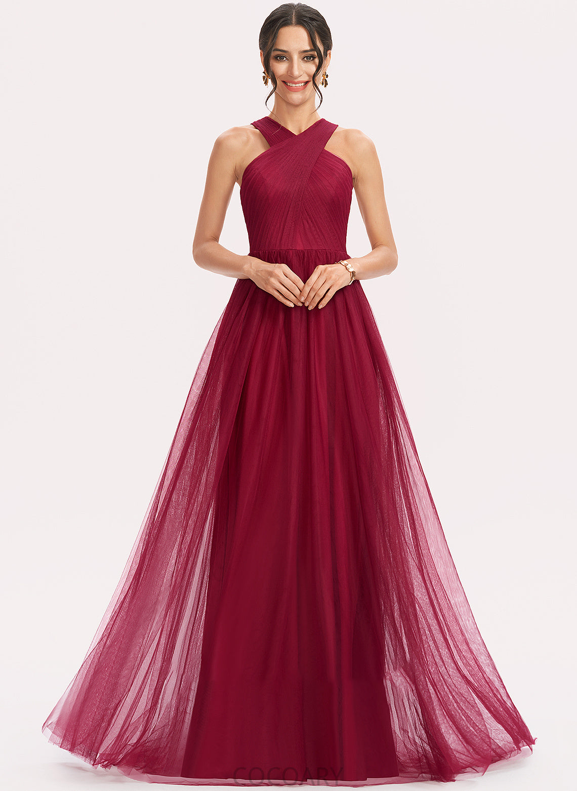 Fabric Neckline A-Line Floor-Length Silhouette Embellishment Length Halter Ruffle Amelie V-Neck Floor Length Bridesmaid Dresses