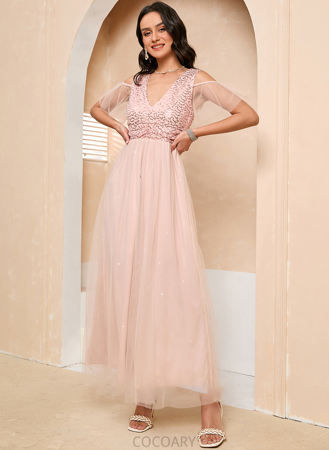 A-Line Length Neckline Silhouette Fabric Ankle-Length V-neck Tulle Straps Jaiden Spaghetti Staps Natural Waist Bridesmaid Dresses