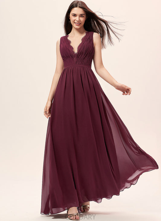 Floor-Length Silhouette A-Line Fabric Lace Neckline V-neck Ruffle Length Embellishment Ryleigh Sleeveless Bridesmaid Dresses