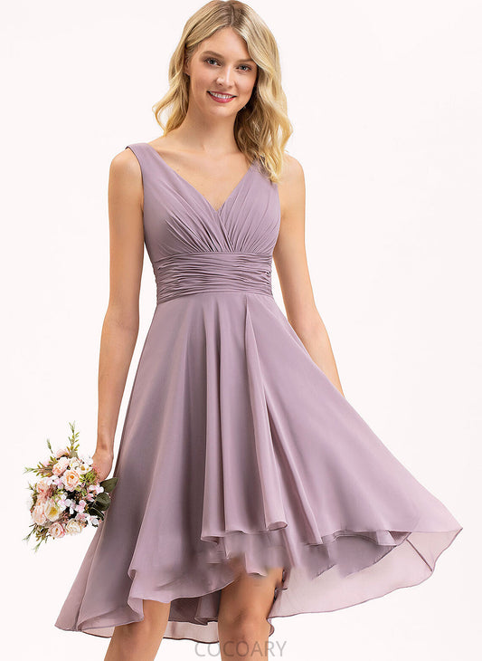 Silhouette Neckline Ruffle Embellishment Fabric A-Line Length Asymmetrical V-neck Adrianna Natural Waist Sleeveless Bridesmaid Dresses