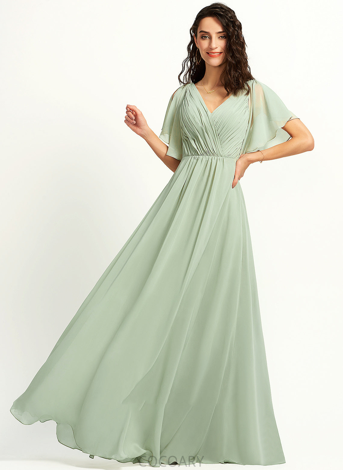 V-neck Embellishment A-Line Silhouette Length Fabric Neckline Floor-Length Ruffle Naima Floor Length A-Line/Princess Bridesmaid Dresses