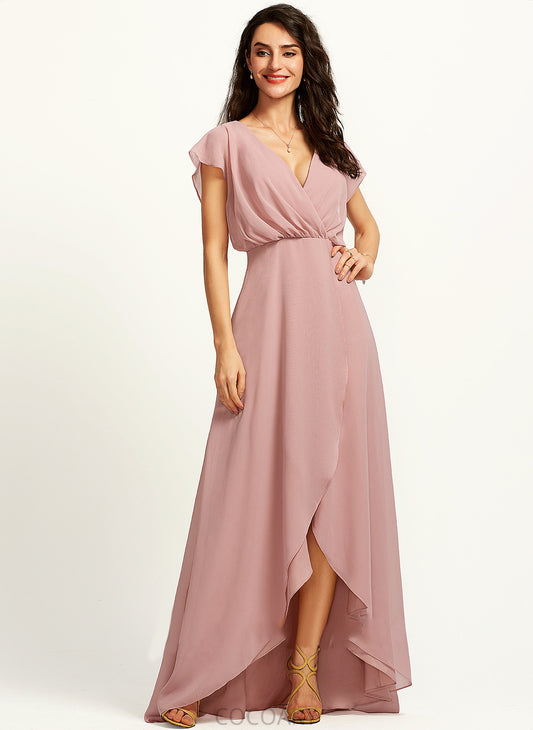 A-Line V-neck Silhouette Length Embellishment Neckline Asymmetrical Fabric SplitFront Thelma Natural Waist Straps Bridesmaid Dresses