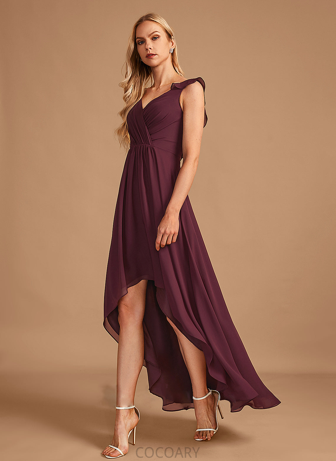 Length Silhouette A-Line Fabric Neckline V-neck Embellishment Ruffle Asymmetrical Hailie One Shoulder Sleeveless Bridesmaid Dresses