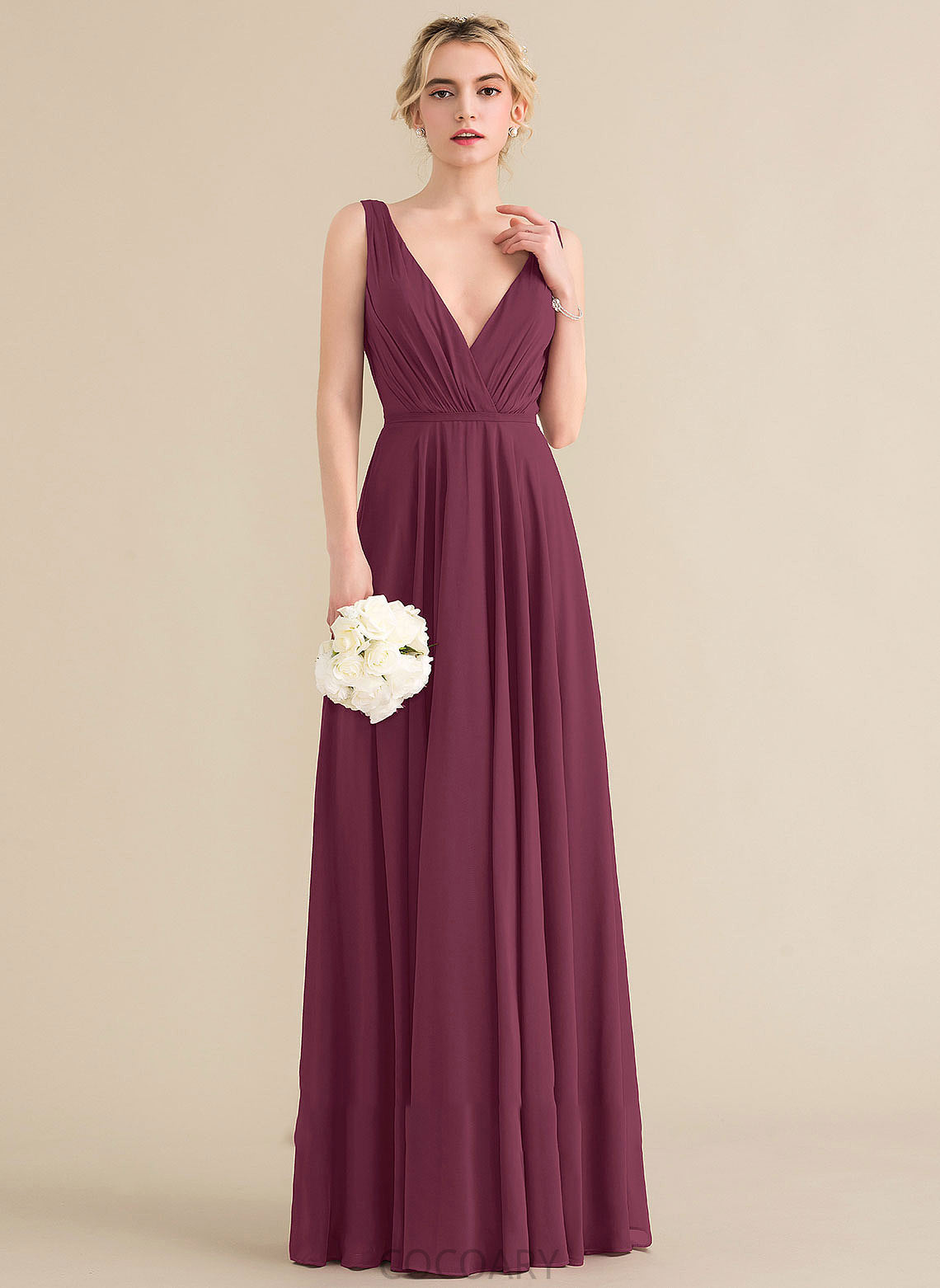 Neckline Ruffle Fabric Embellishment Floor-Length Length A-Line Silhouette V-neck Mia Sleeveless Spaghetti Staps Bridesmaid Dresses