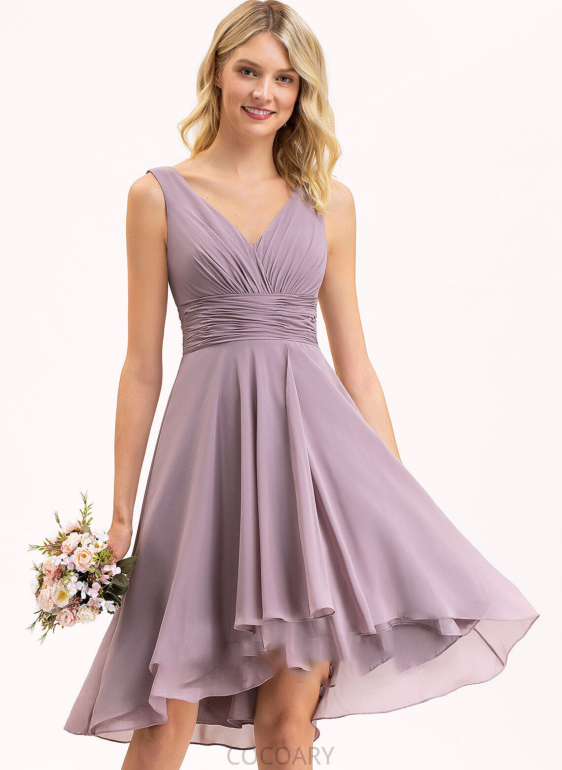 Silhouette Length V-neck Neckline A-Line Ruffle Embellishment Asymmetrical Fabric Pat Natural Waist Spaghetti Staps Bridesmaid Dresses