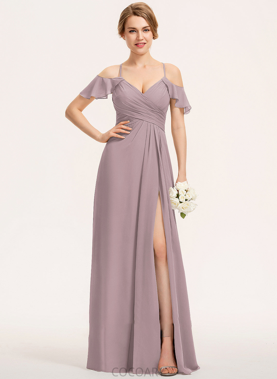 Fabric Length Silhouette CascadingRuffles Floor-Length SplitFront A-Line Ruffle Neckline Embellishment V-neck Nyla Bridesmaid Dresses