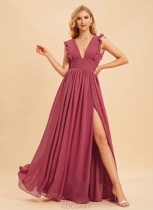 Neckline V-neck Silhouette Fabric Length SplitFront Ruffle Floor-Length Embellishment A-Line Catalina Sleeveless Bridesmaid Dresses