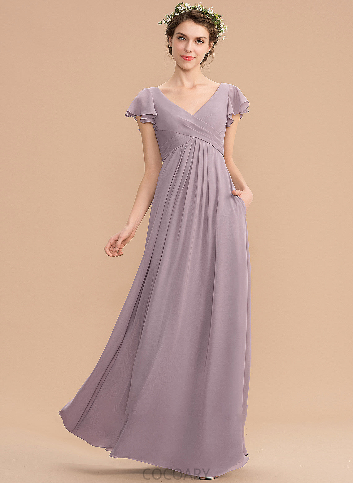 Embellishment Floor-Length Pockets CascadingRuffles Silhouette Length V-neck Fabric A-Line Neckline Alisa Natural Waist Bridesmaid Dresses