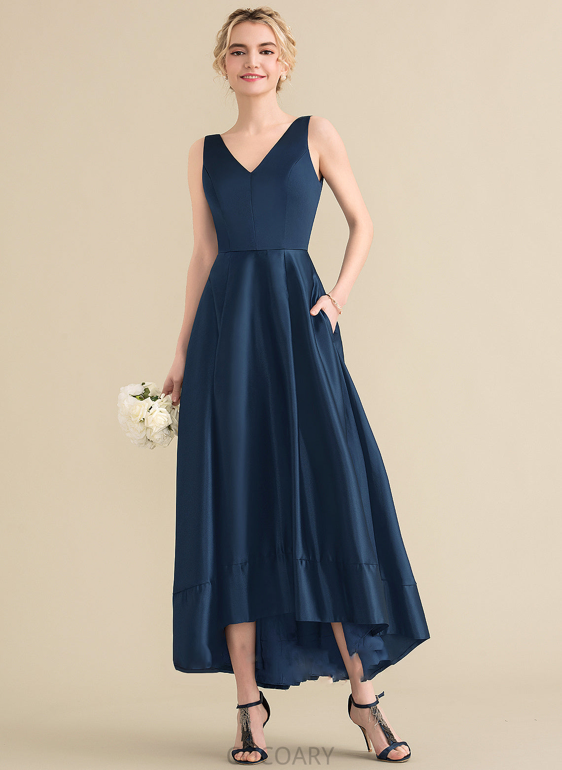 Length Neckline Satin Embellishment Pockets Fabric V-neck Straps Asymmetrical Claudia Halter A-Line/Princess Bridesmaid Dresses