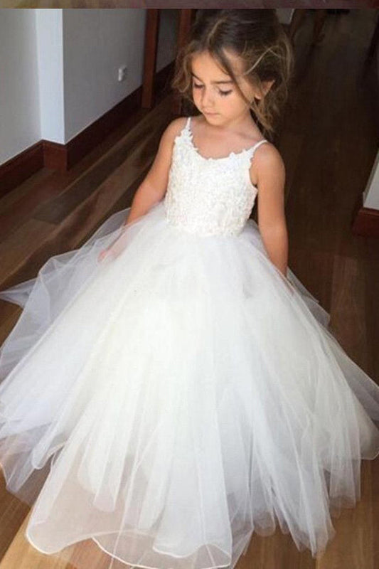 A Line Floor Length Spaghetti Sleeveless Appliques Flower Girl Dresses